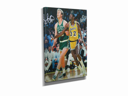 Larry Bird and Magic Johnson Autographed Poster Lakers vs Celtics Basketball Hand Made Posters Canvas Print Wall Art Home Decor