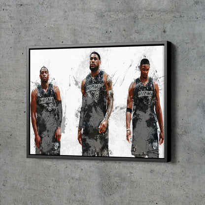 Miami Heat Big 3 Poster Basketball Painting Hand Made Posters Canvas Print Kids Wall Art Home Man Cave Gift Decor