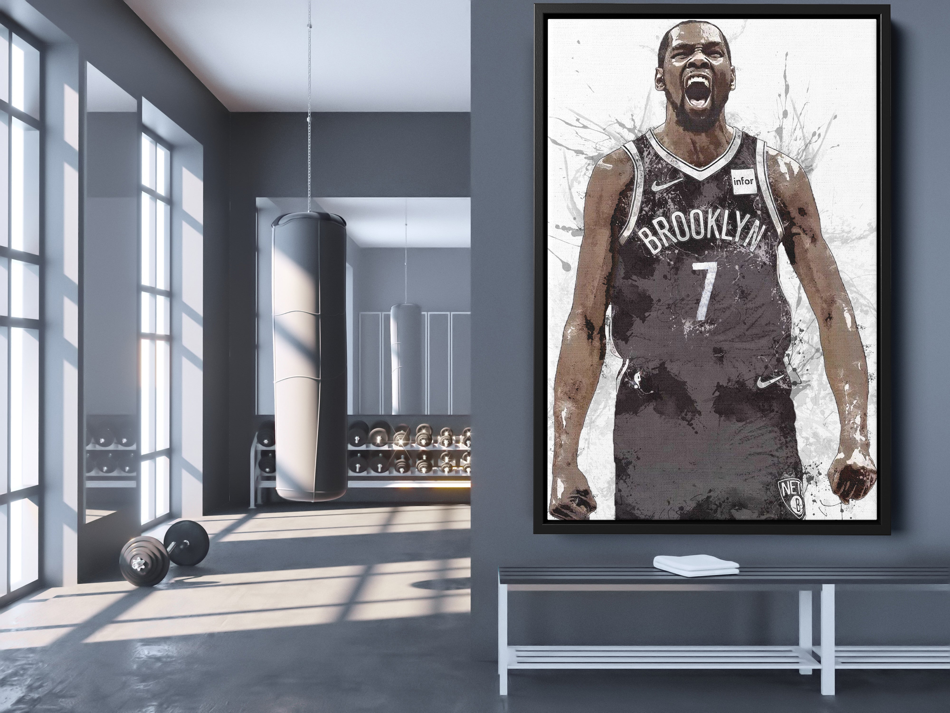 MW MERWEZI Kevin Durant Jersey Art Brooklyn Nets NBA Wall Art Home Decor  Hand Made Poster Canvas Print(Black Floating Frame, 12x18)