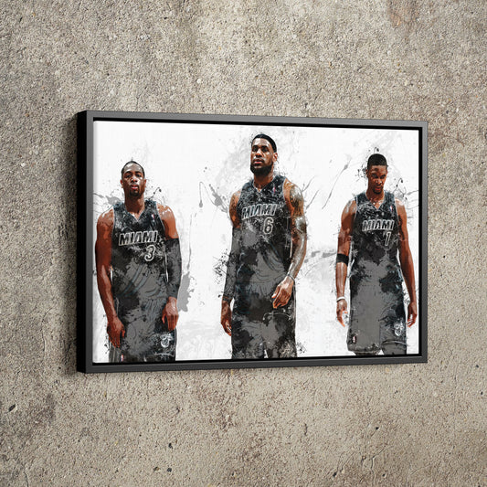 Miami Heat Big 3 Poster Basketball Painting Hand Made Posters Canvas Print Kids Wall Art Home Man Cave Gift Decor